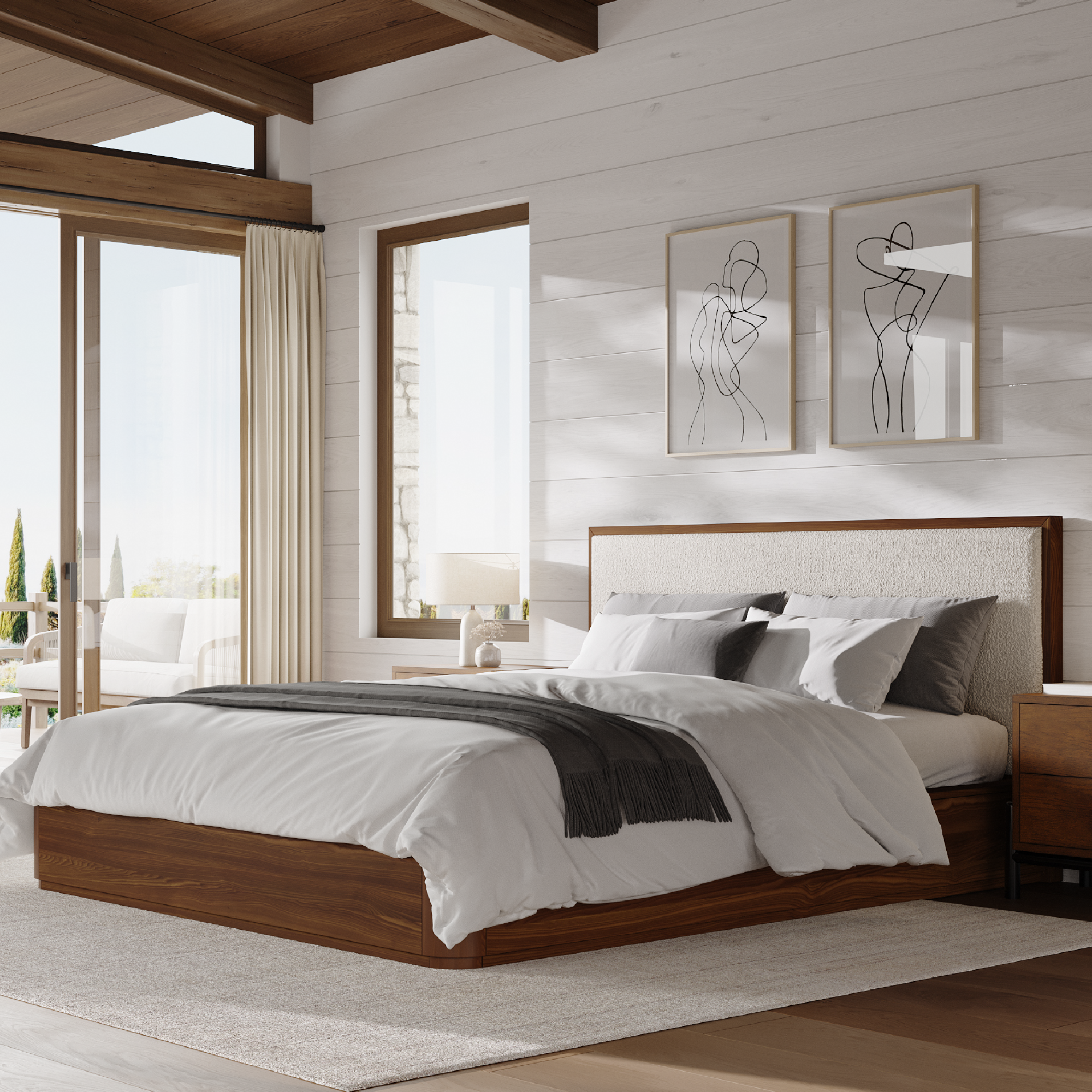Mateo Low-Profile Boucle Solid Wood Bed