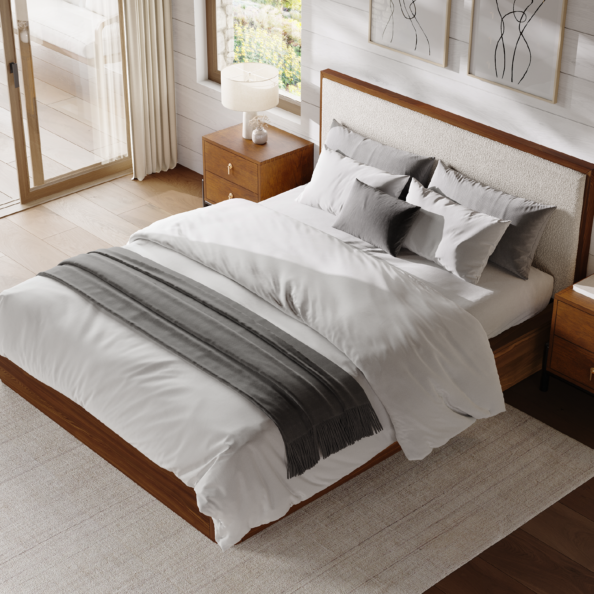 Mateo Low-Profile Boucle Solid Wood Bed