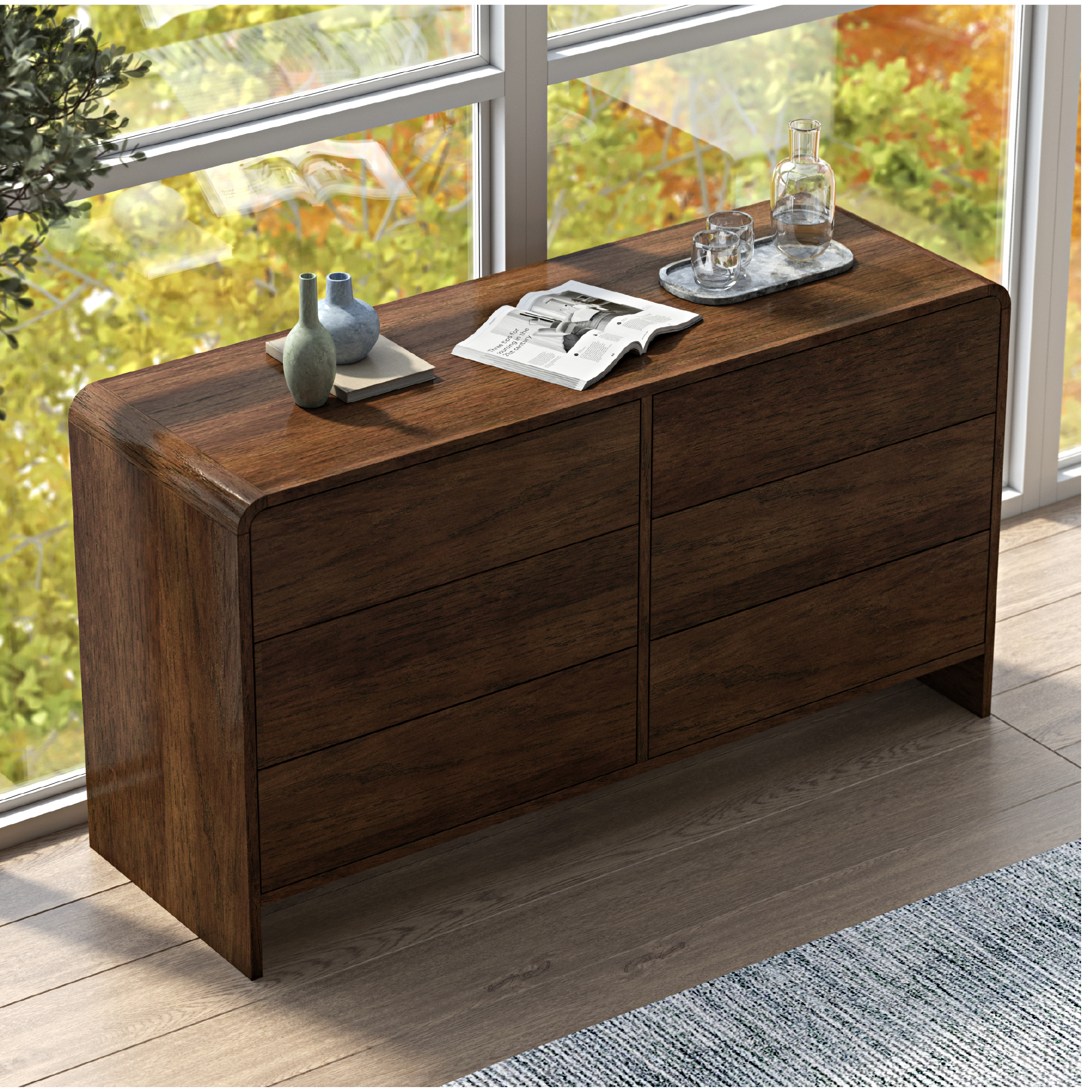 Pebble 6-Drawer Solid Wood Walnut Dresser