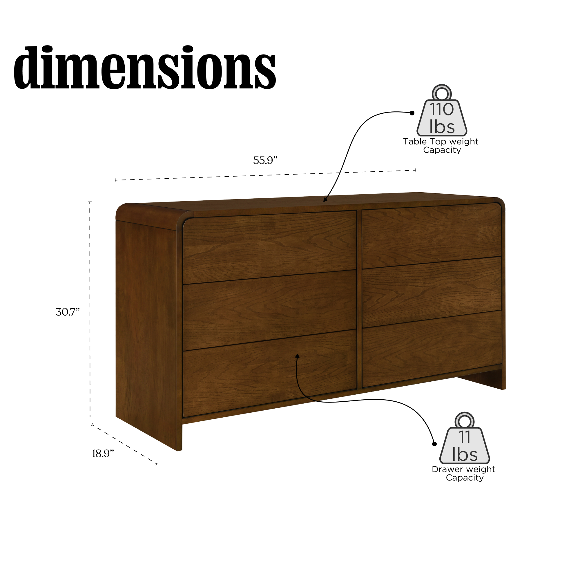 Pebble 6-Drawer Solid Wood Walnut Dresser